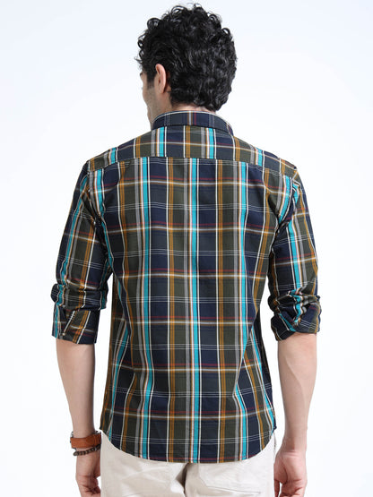 Men’s Navy Blue & Mustard Multi-Check Cotton Linen Shirt