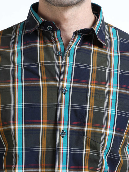 Men’s Navy Blue & Mustard Multi-Check Cotton Linen Shirt