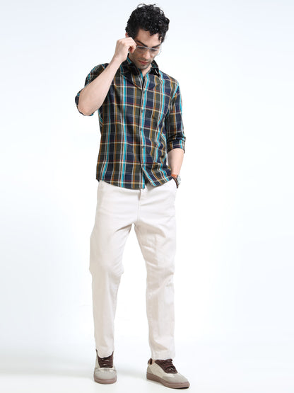 Men’s Navy Blue & Mustard Multi-Check Cotton Linen Shirt