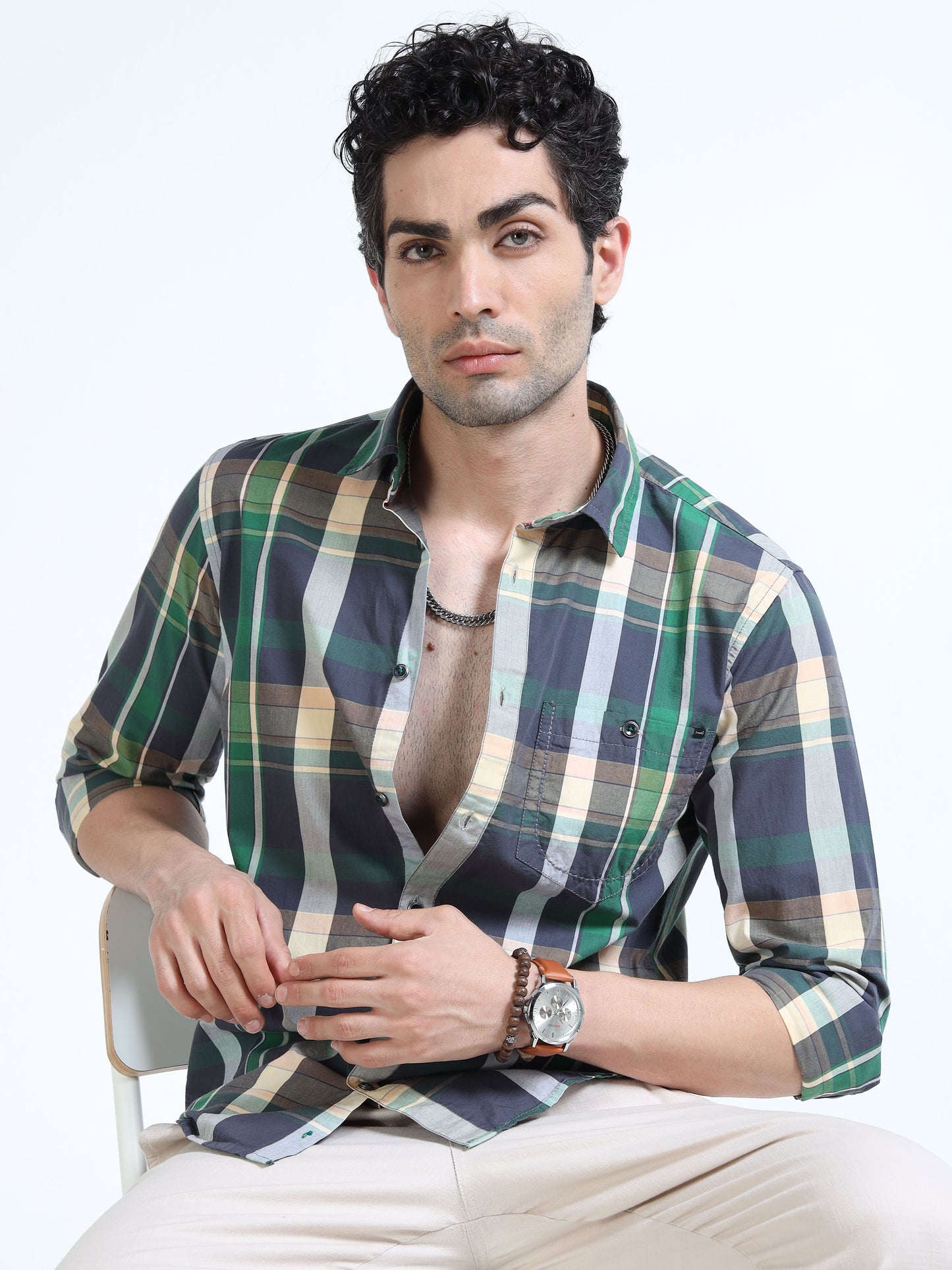 Men’s Green & Beige Multi-Check Cotton Linen Shirt