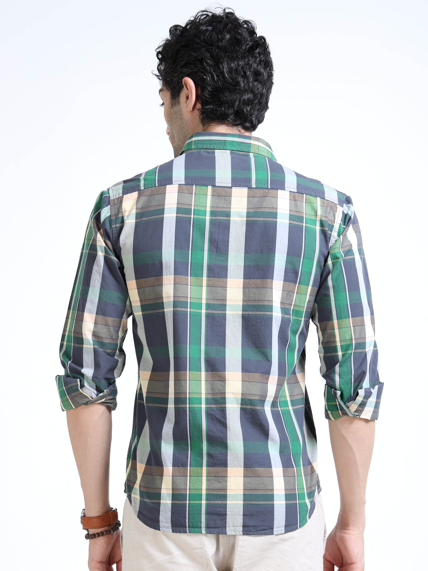 Men’s Green & Beige Multi-Check Cotton Linen Shirt