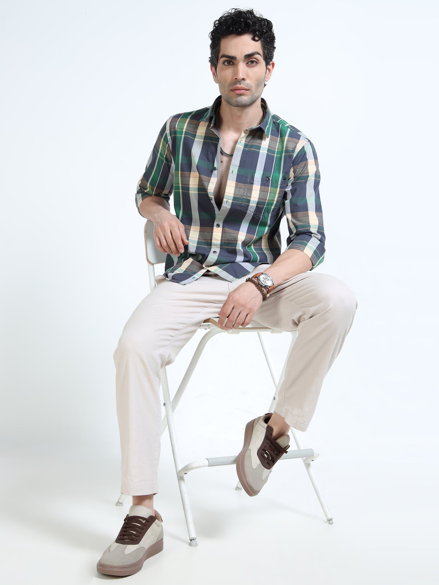 Men’s Green & Beige Multi-Check Cotton Linen Shirt