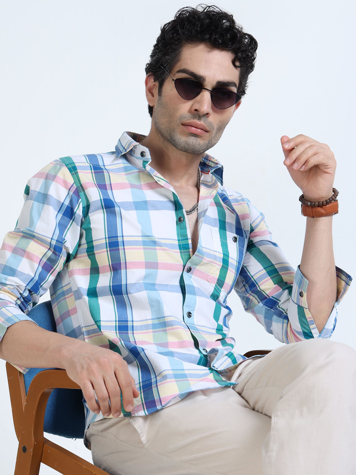 Men’s Sky Blue & White Multi-Check Cotton Linen Shirt