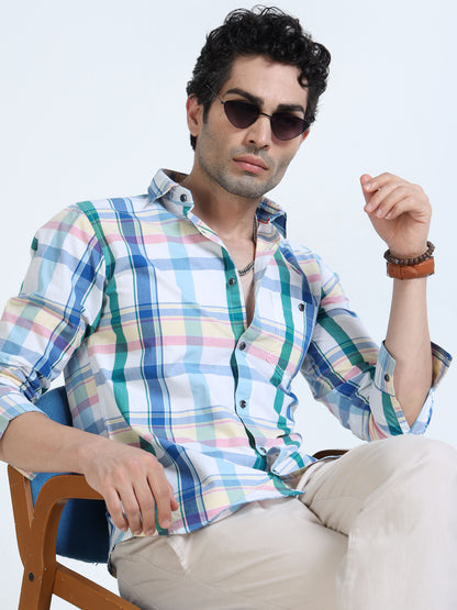 Men’s Sky Blue & White Multi-Check Cotton Linen Shirt