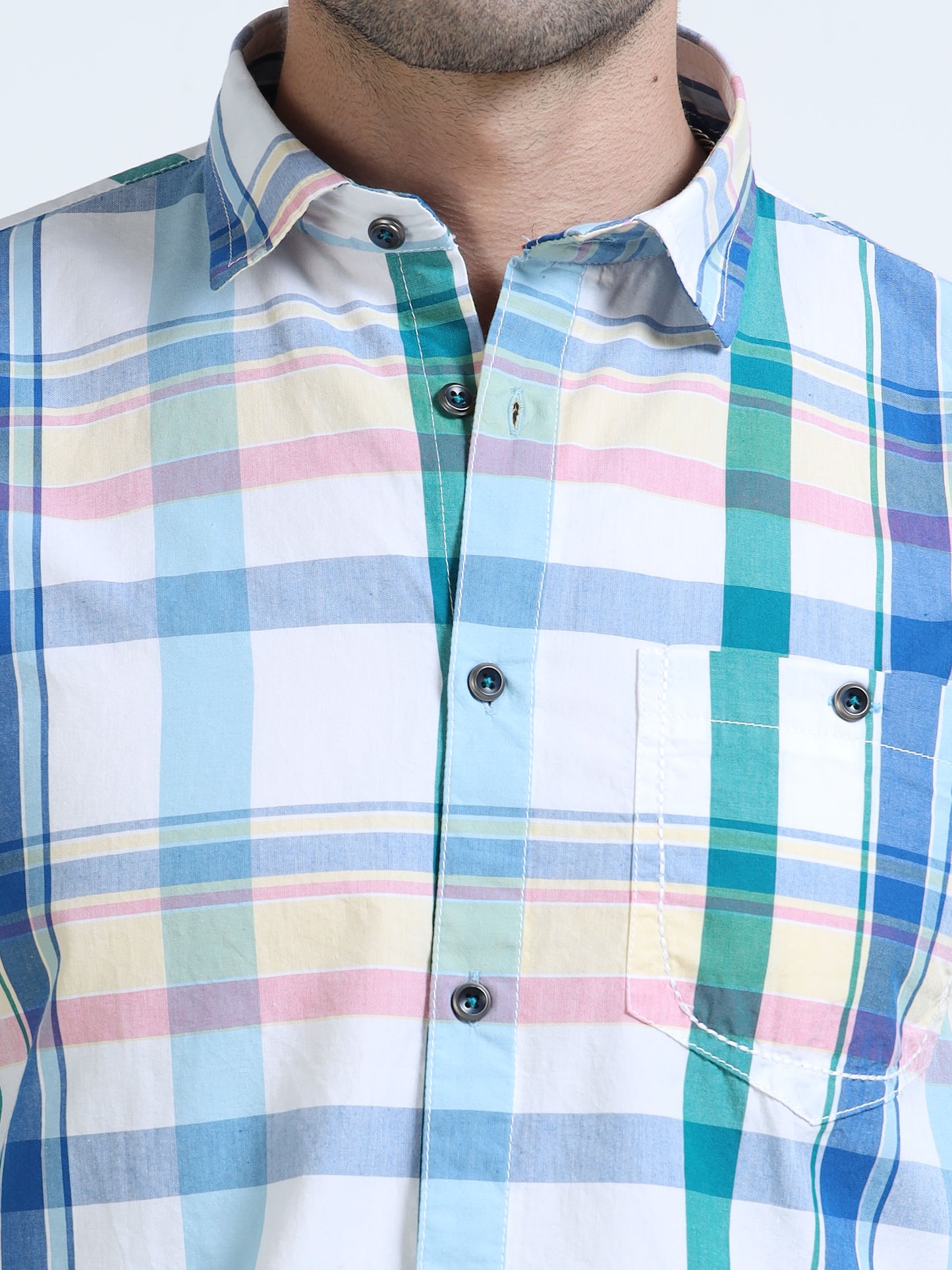 Men’s Sky Blue & White Multi-Check Cotton Linen Shirt