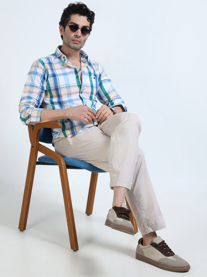 Men’s Sky Blue & White Multi-Check Cotton Linen Shirt