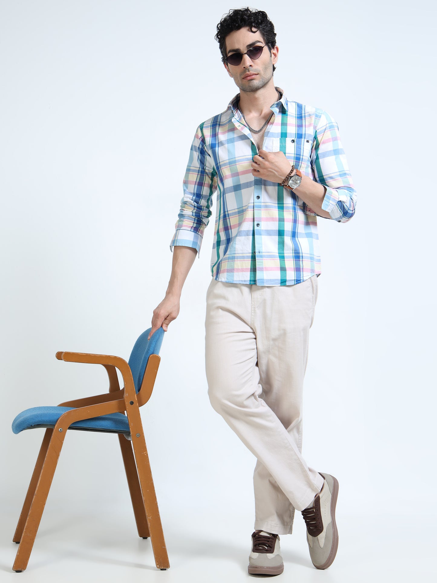 Men’s Sky Blue & White Multi-Check Cotton Linen Shirt