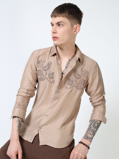 Men’s Beige Textured Cotton Casual Shirt with Bird Embroidery Detailing