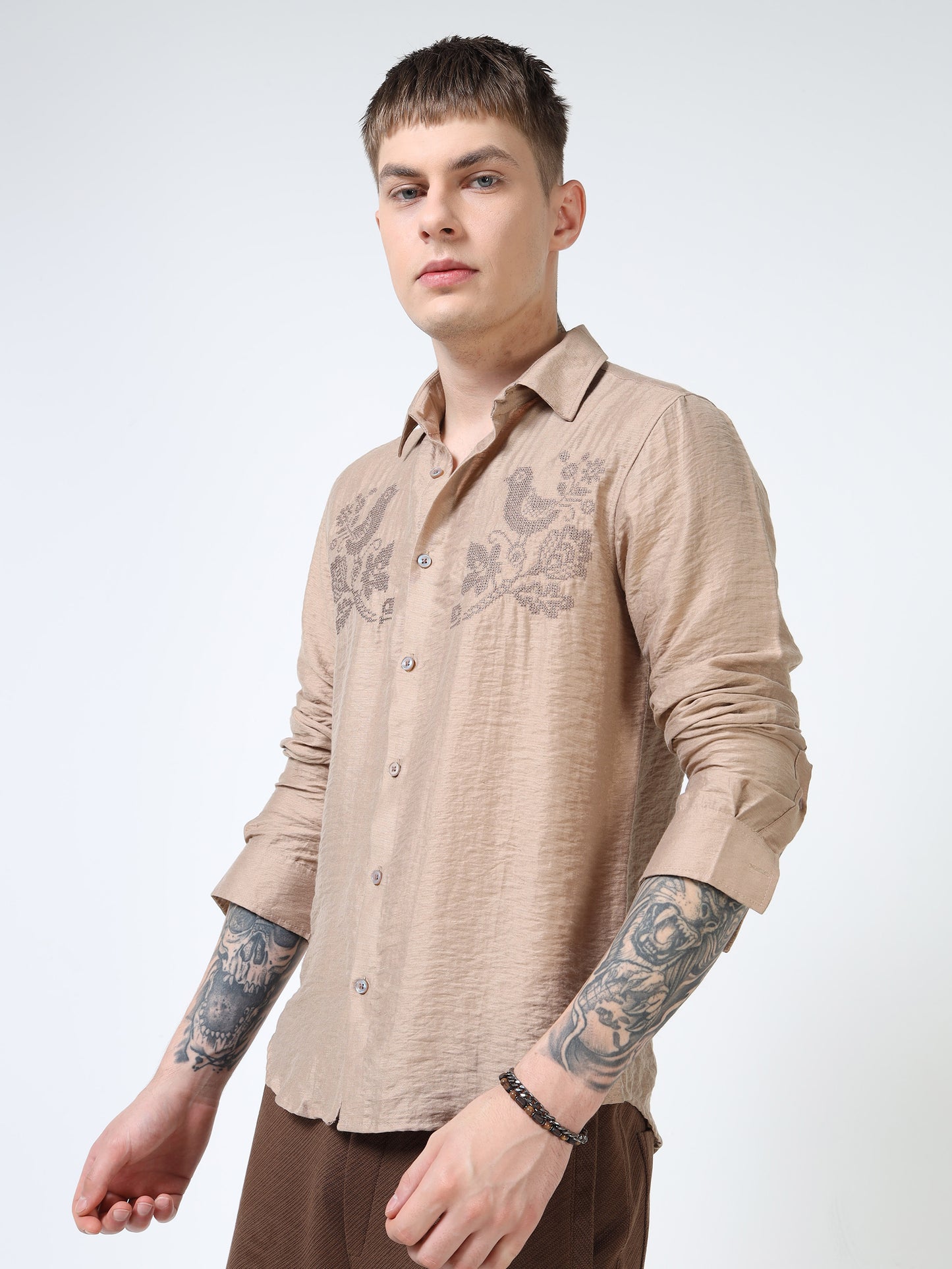 Men’s Beige Textured Cotton Casual Shirt with Bird Embroidery Detailing