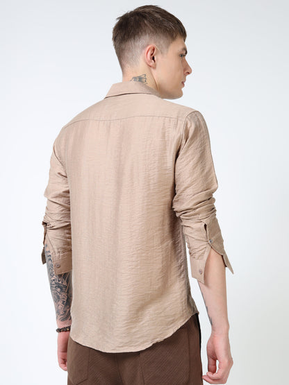 Men’s Beige Textured Cotton Casual Shirt with Bird Embroidery Detailing