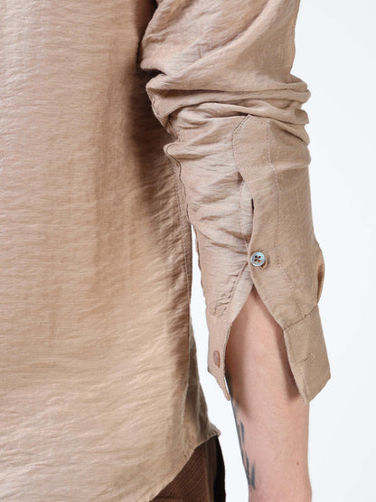 Men’s Beige Textured Cotton Casual Shirt with Bird Embroidery Detailing