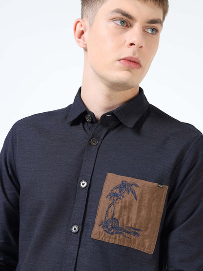 Men’s Navy Blue Cotton Casual Shirt with Contrast Brown Embroidered Pocket
