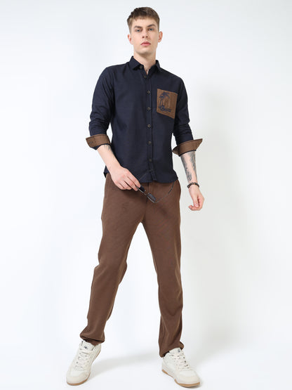 Men’s Navy Blue Cotton Casual Shirt with Contrast Brown Embroidered Pocket
