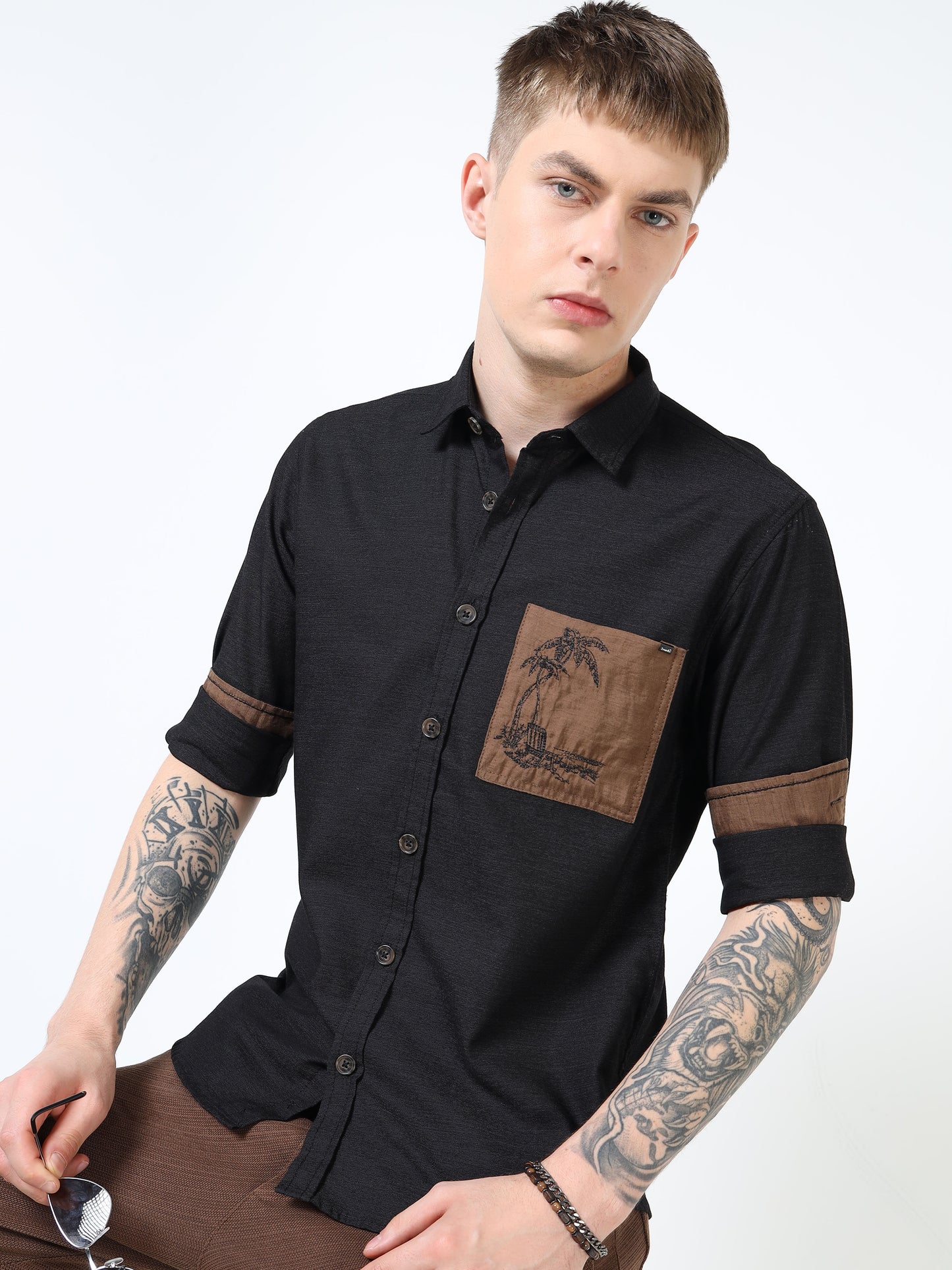 Men’s Black Cotton Casual Shirt with Contrast Brown Embroidered Pocket