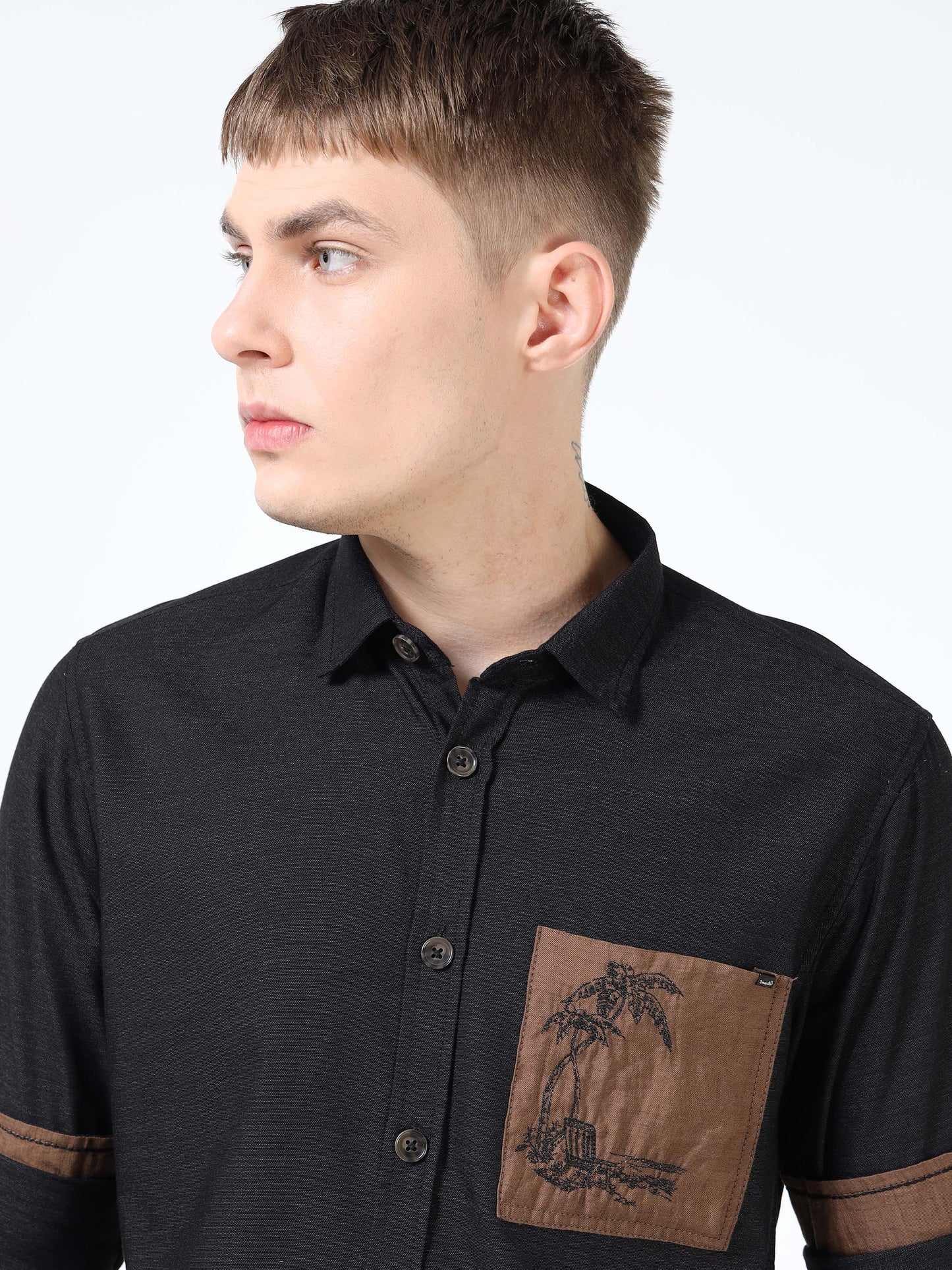 Men’s Black Cotton Casual Shirt with Contrast Brown Embroidered Pocket
