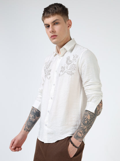 Men’s White Textured Cotton Casual Shirt with Bird Embroidery Detailing