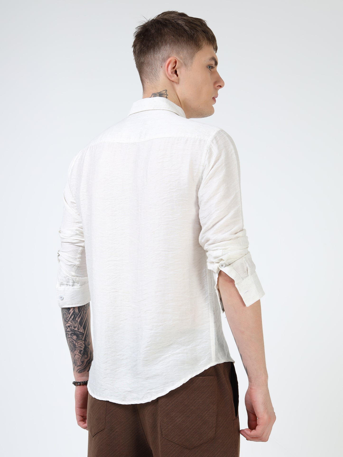 Men’s White Textured Cotton Casual Shirt with Bird Embroidery Detailing