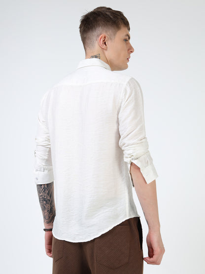 Men’s White Textured Cotton Casual Shirt with Bird Embroidery Detailing