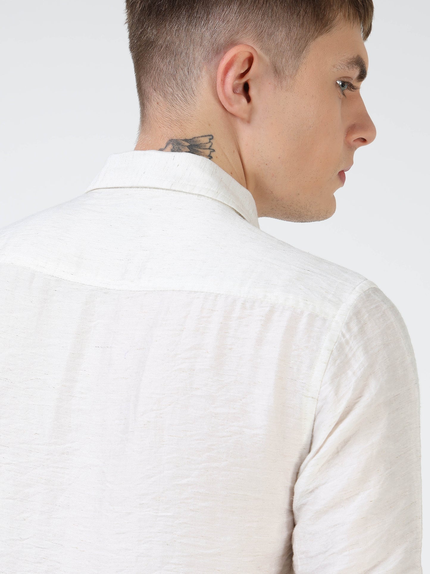Men’s White Textured Cotton Casual Shirt with Bird Embroidery Detailing