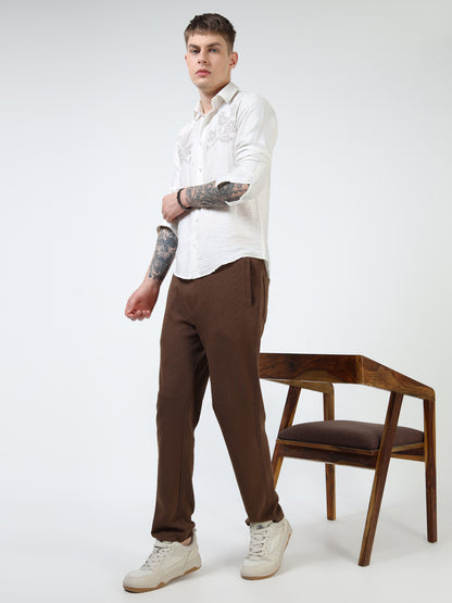 Men’s White Textured Cotton Casual Shirt with Bird Embroidery Detailing