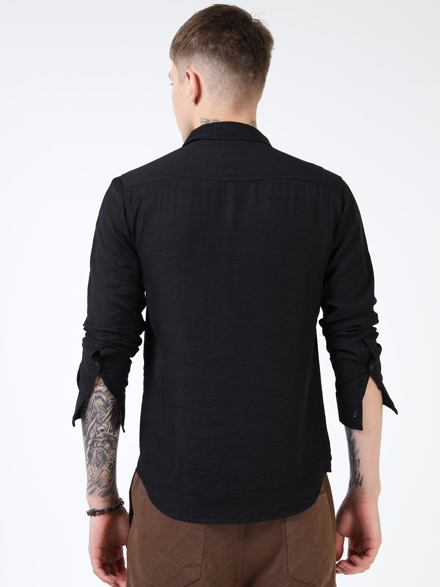 Men’s Black Textured Cotton Casual Shirt with Bird Embroidery Detailing