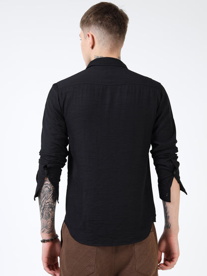 Men’s Black Textured Cotton Casual Shirt with Bird Embroidery Detailing