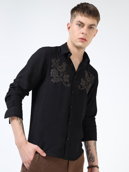 Men’s Black Textured Cotton Casual Shirt with Bird Embroidery Detailing