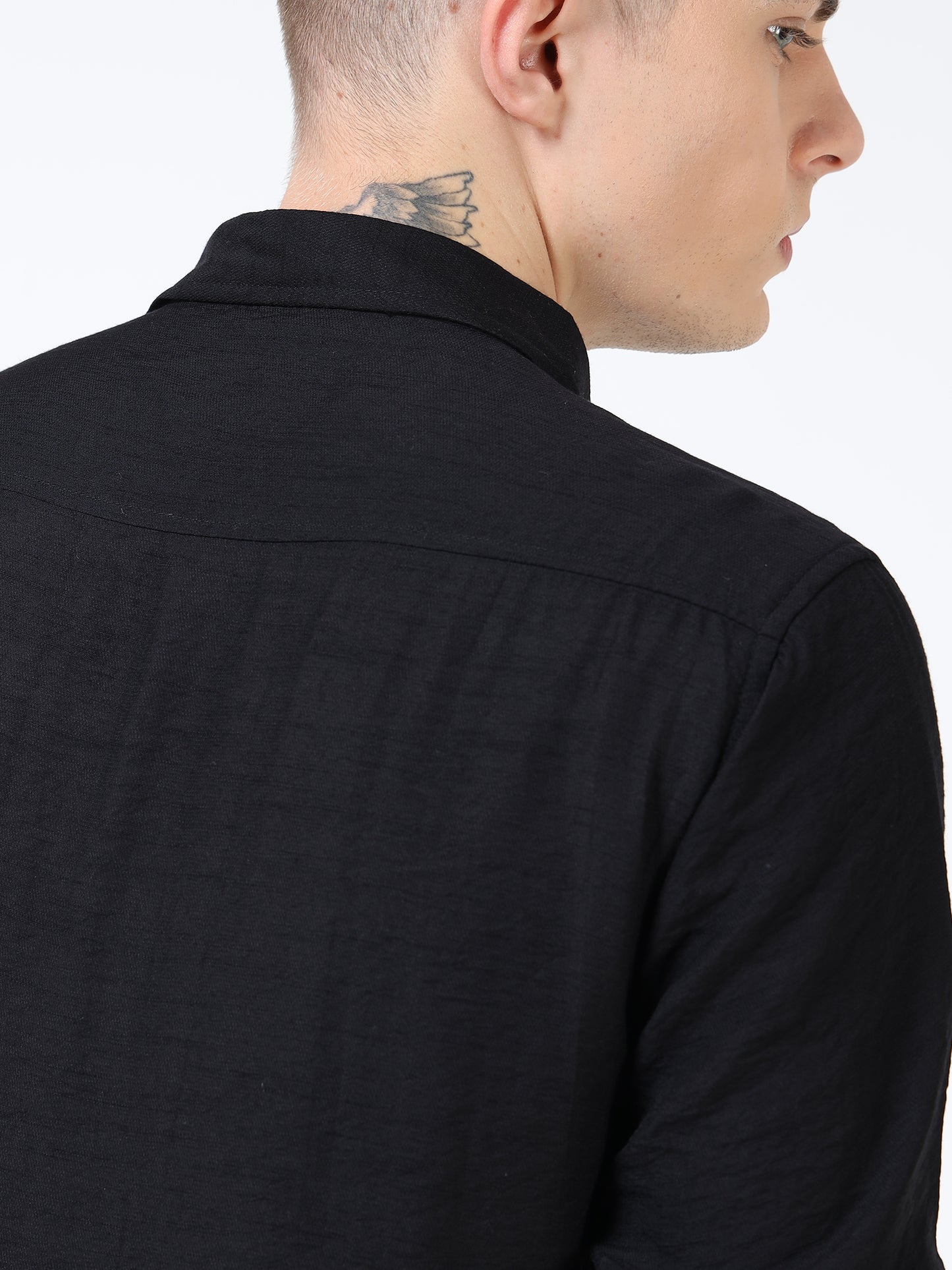 Men’s Black Textured Cotton Casual Shirt with Bird Embroidery Detailing