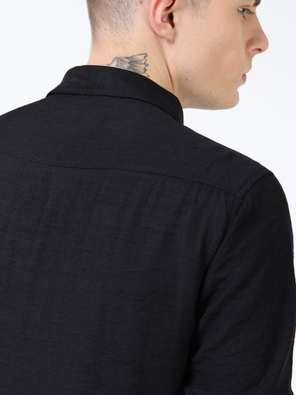 Men’s Black Textured Cotton Casual Shirt with Bird Embroidery Detailing