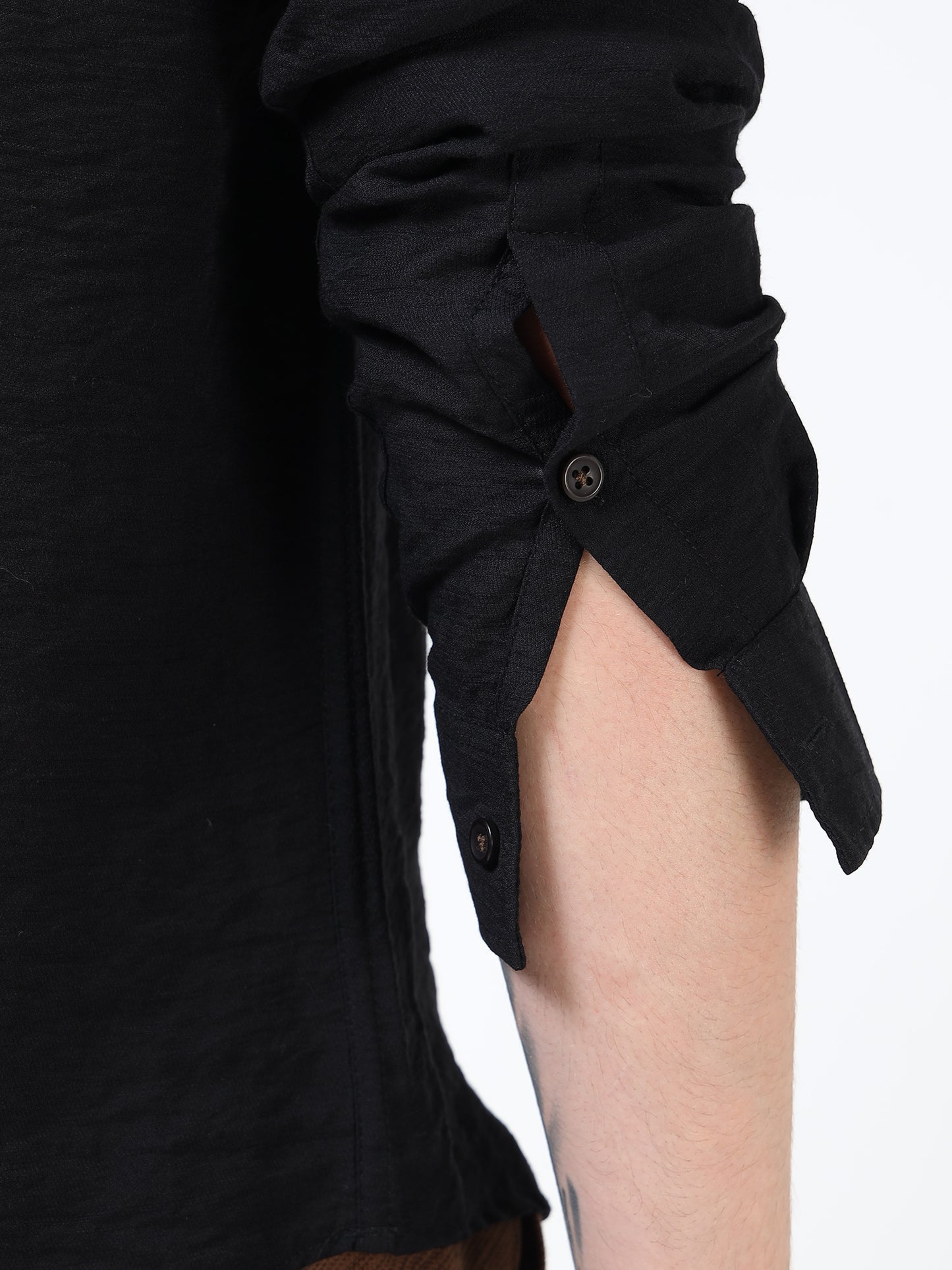 Men’s Black Textured Cotton Casual Shirt with Bird Embroidery Detailing