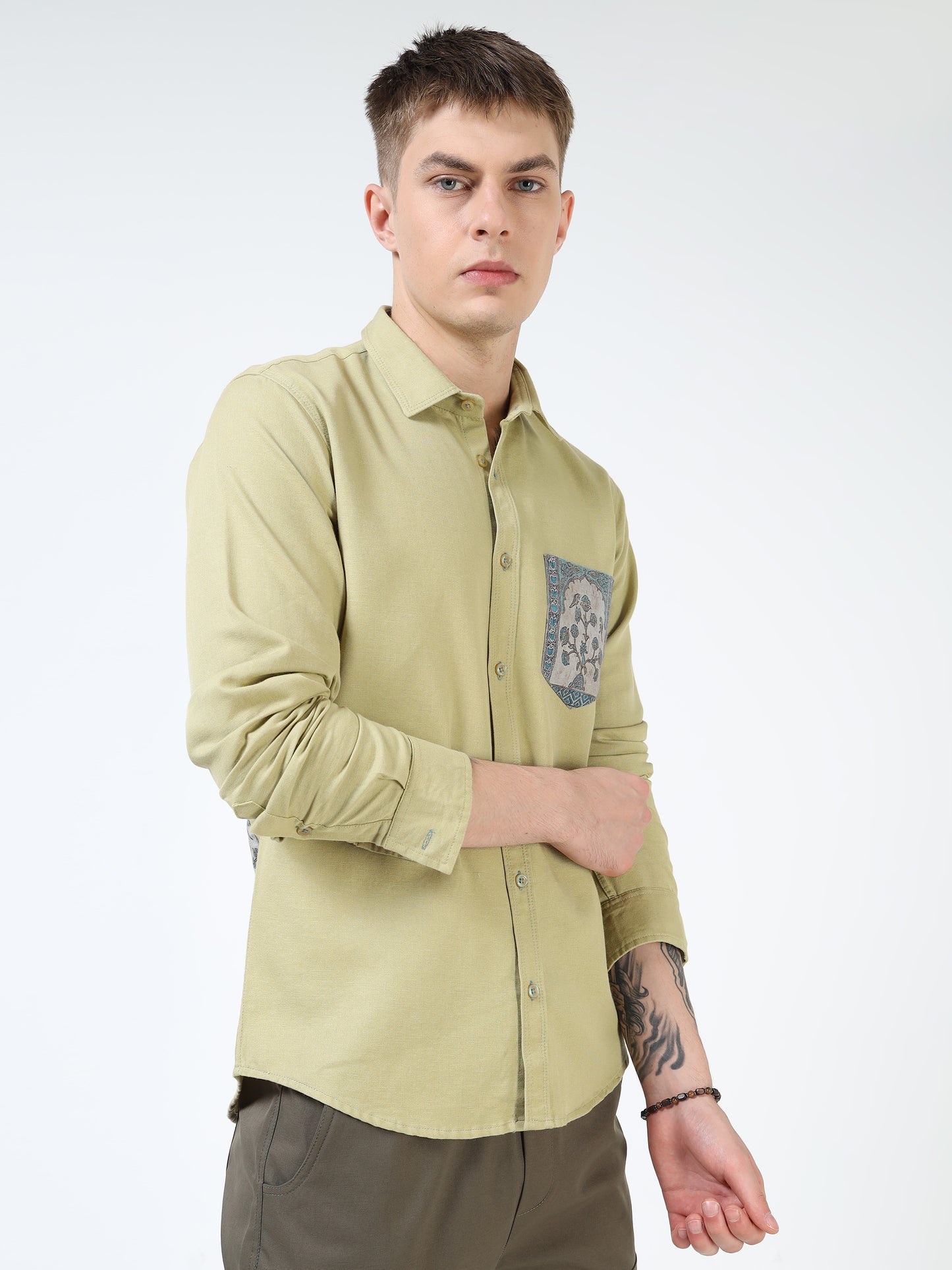 Men’s Light Olive Cotton Casual Shirt with Blue Contrast Prinetd Pocket