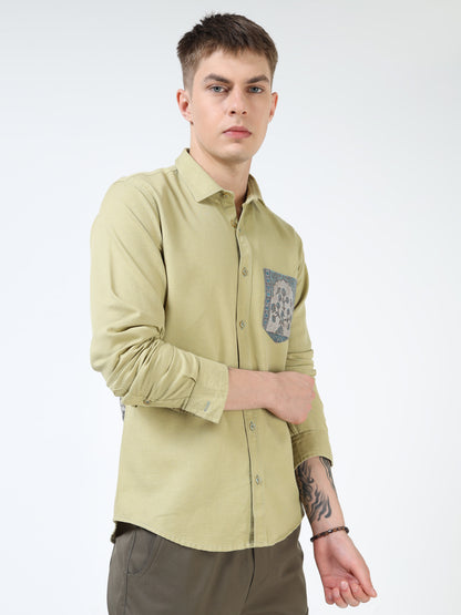 Men’s Light Olive Cotton Casual Shirt with Blue Contrast Prinetd Pocket