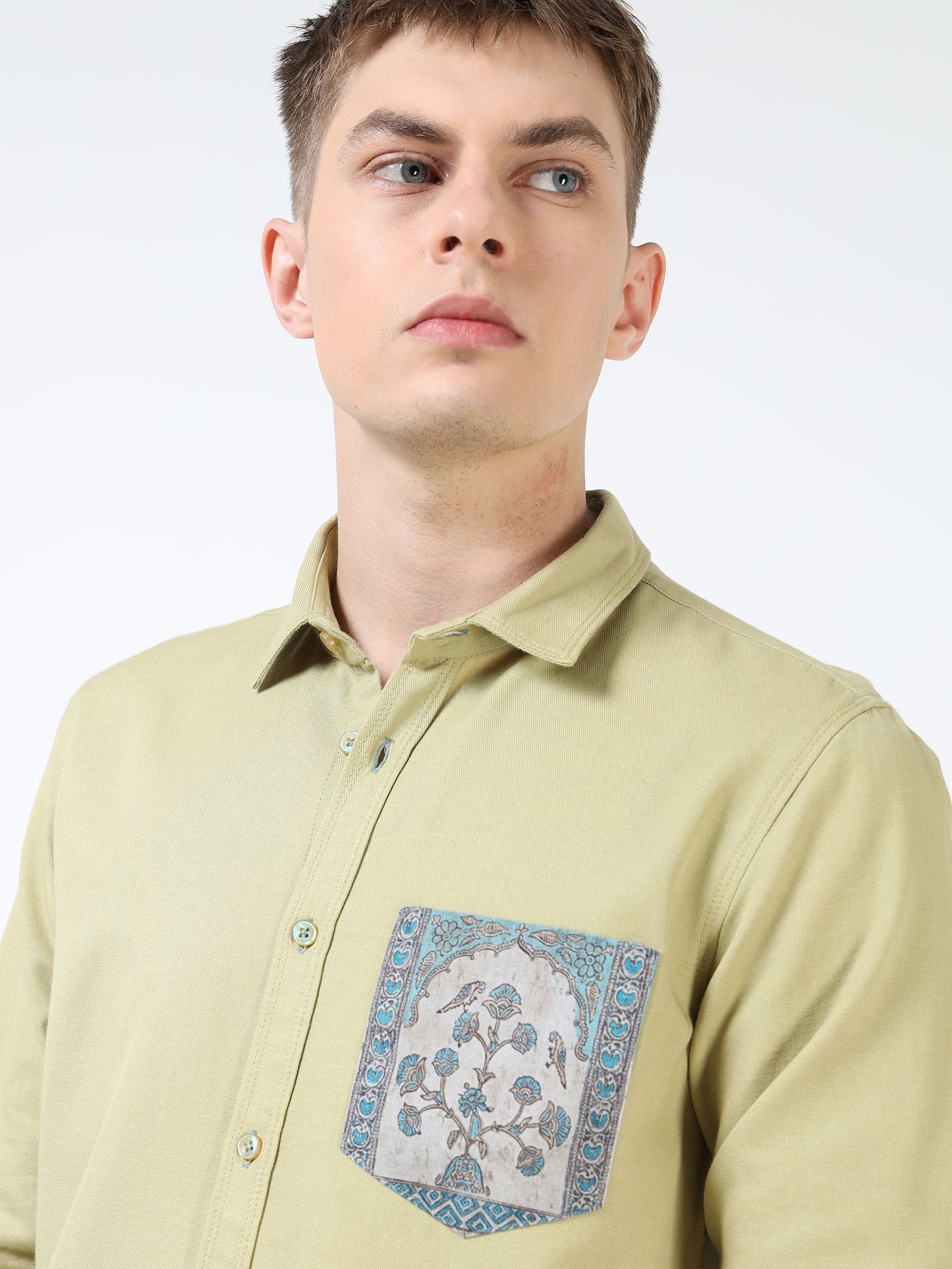 Men’s Light Olive Cotton Casual Shirt with Blue Contrast Prinetd Pocket