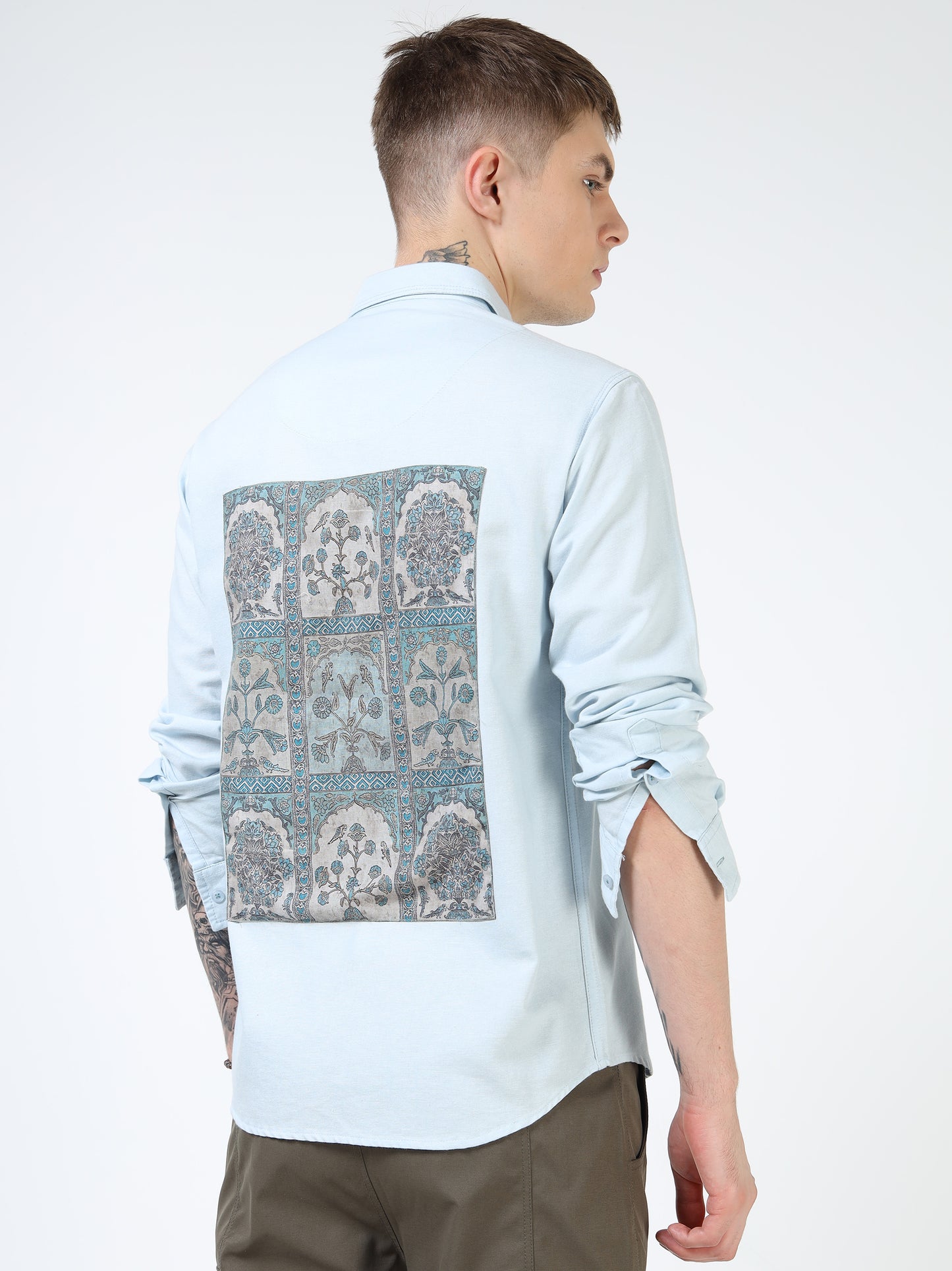 Men’s Light Blue Cotton Casual Shirt with Contrast Printed Pocket
