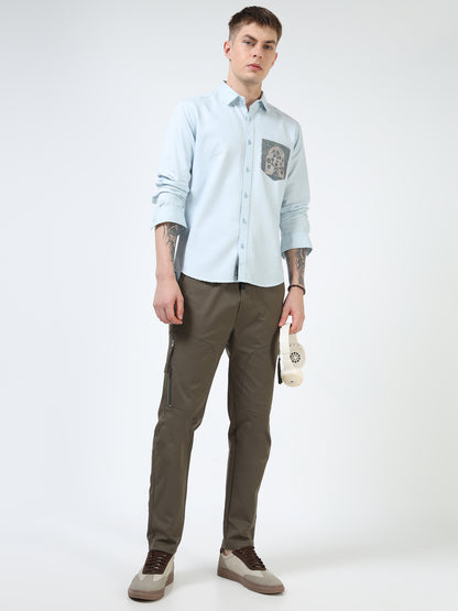 Men’s Light Blue Cotton Casual Shirt with Contrast Printed Pocket
