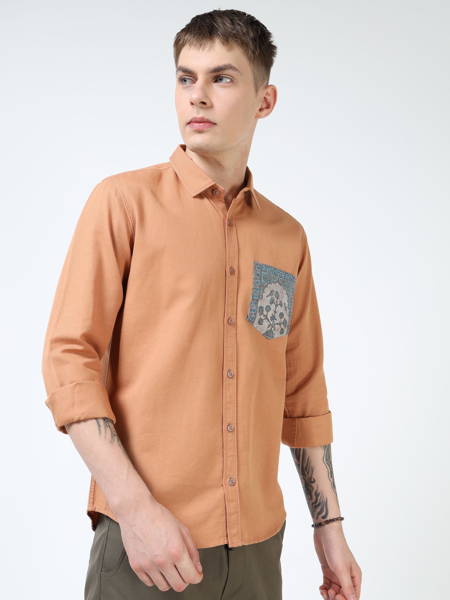 Men’s Rust Orange Cotton Casual Shirt with Contrast Printed Pocket