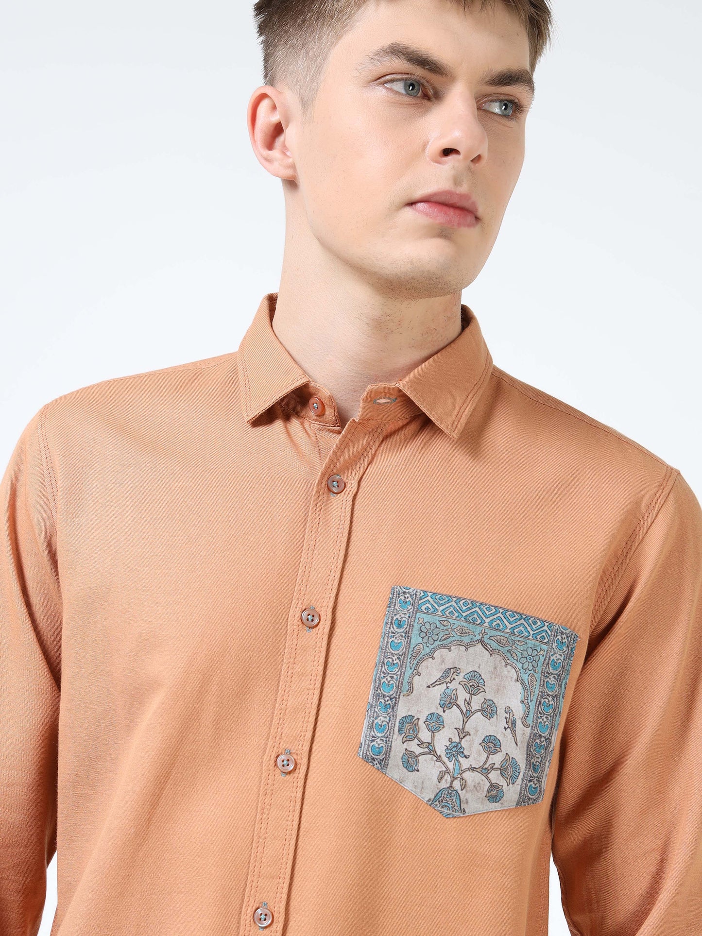 Men’s Rust Orange Cotton Casual Shirt with Contrast Printed Pocket