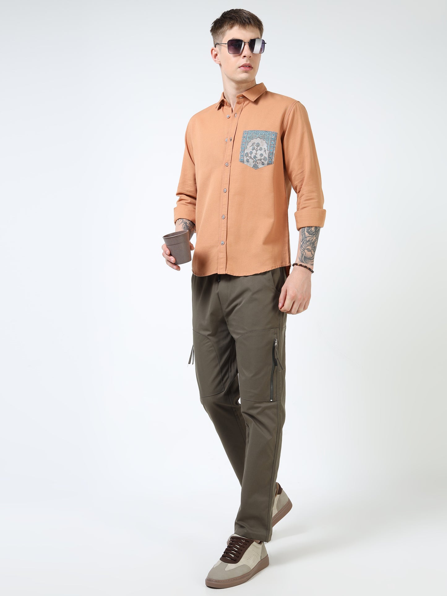 Men’s Rust Orange Cotton Casual Shirt with Contrast Printed Pocket