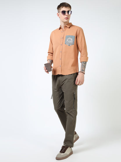 Men’s Rust Orange Cotton Casual Shirt with Contrast Printed Pocket