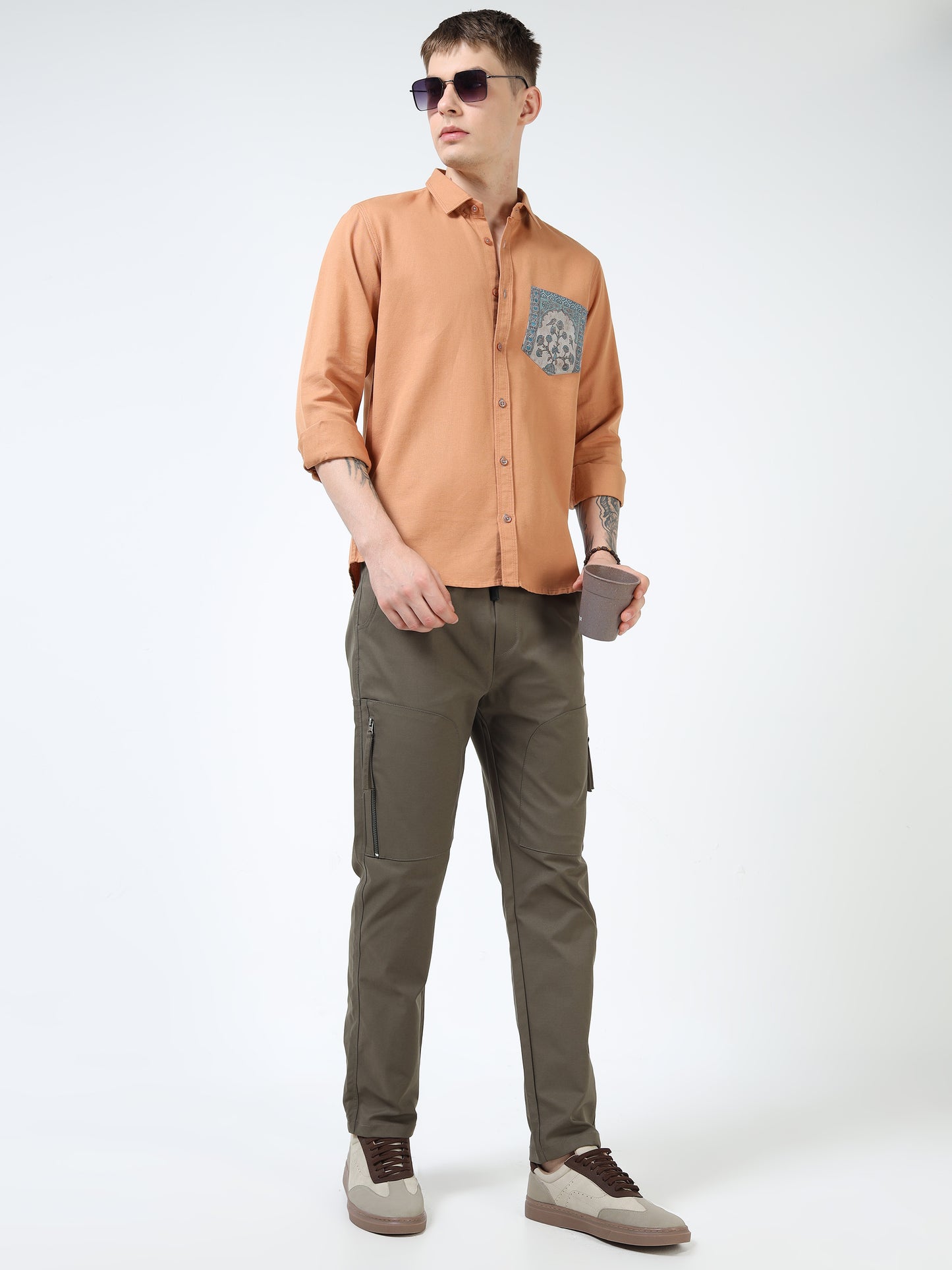 Men’s Rust Orange Cotton Casual Shirt with Contrast Printed Pocket