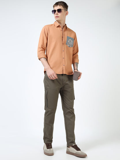 Men’s Rust Orange Cotton Casual Shirt with Contrast Printed Pocket