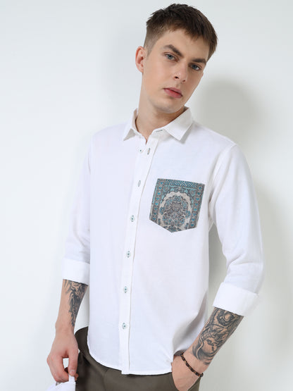 Men’s White Cotton Casual Shirt with Contrast Printed Pocket