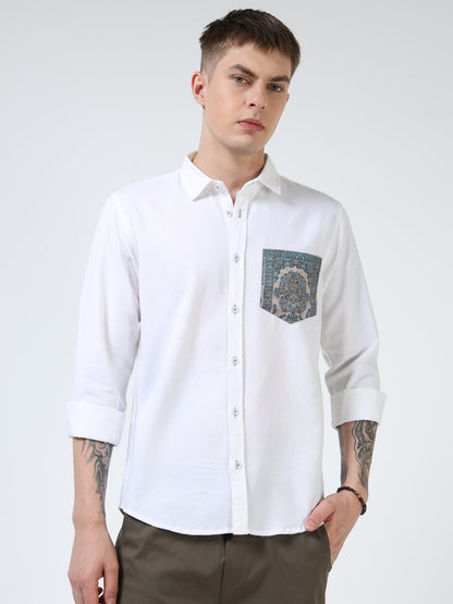 Men’s White Cotton Casual Shirt with Contrast Printed Pocket