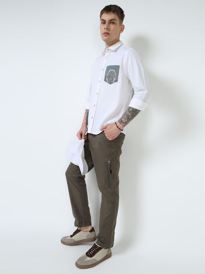 Men’s White Cotton Casual Shirt with Contrast Printed Pocket
