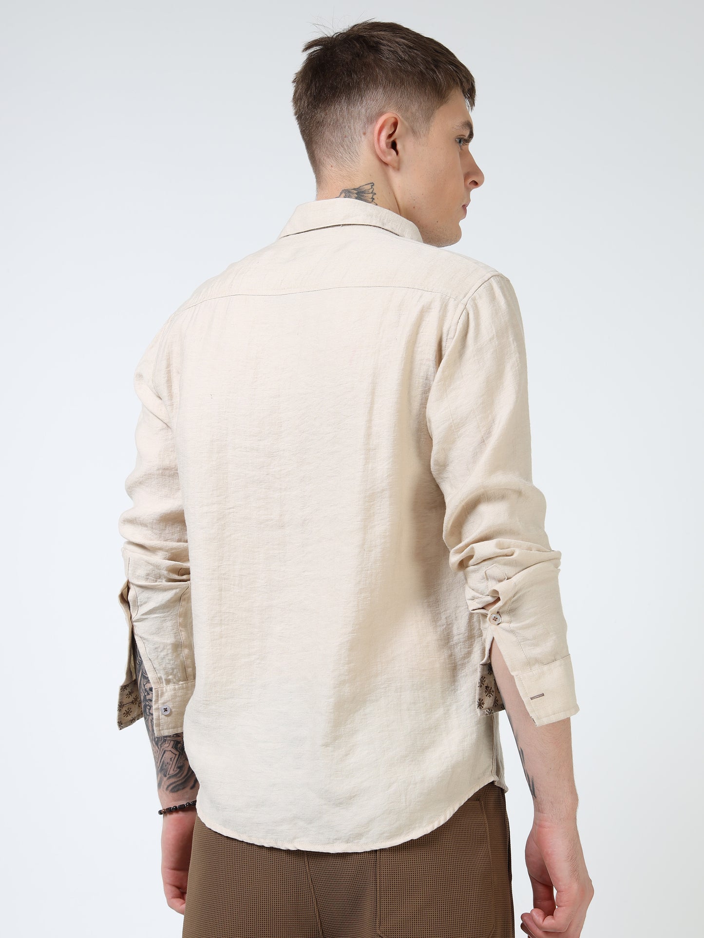 Men’s Beige Textured Cotton Casual Shirt with Palm Tree Embroidery