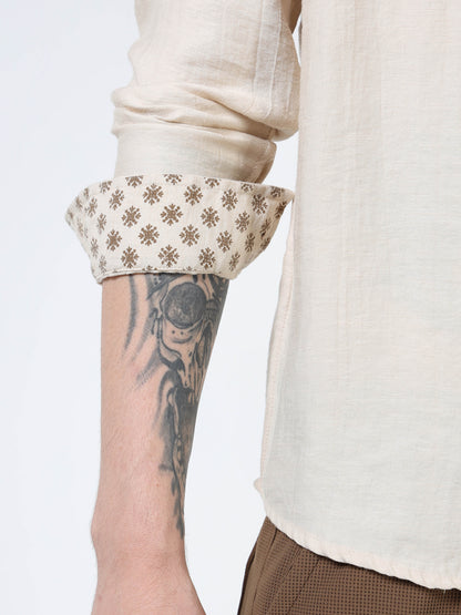 Men’s Beige Textured Cotton Casual Shirt with Palm Tree Embroidery