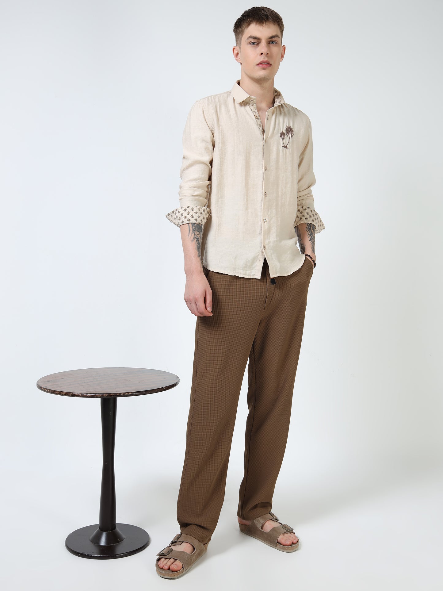 Men’s Beige Textured Cotton Casual Shirt with Palm Tree Embroidery