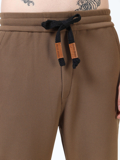 Men’s Coffee Brown Textured Slim Fit Joggers with Adjustable Drawstring & Utility Pockets