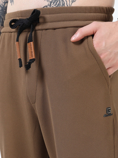 Men’s Coffee Brown Textured Slim Fit Joggers with Adjustable Drawstring & Utility Pockets