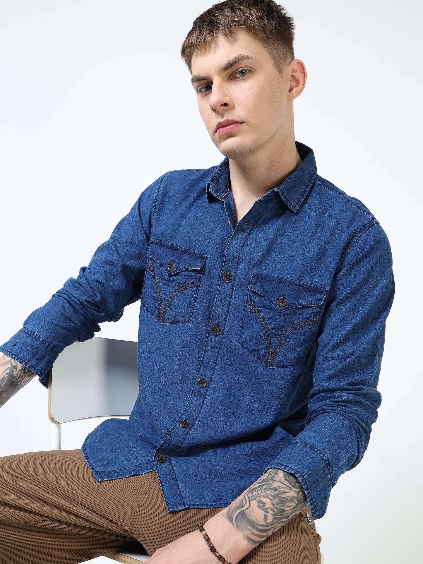 Men’s Indigo Blue Denim Cotton Utility Shirt with Dual Flap Pockets